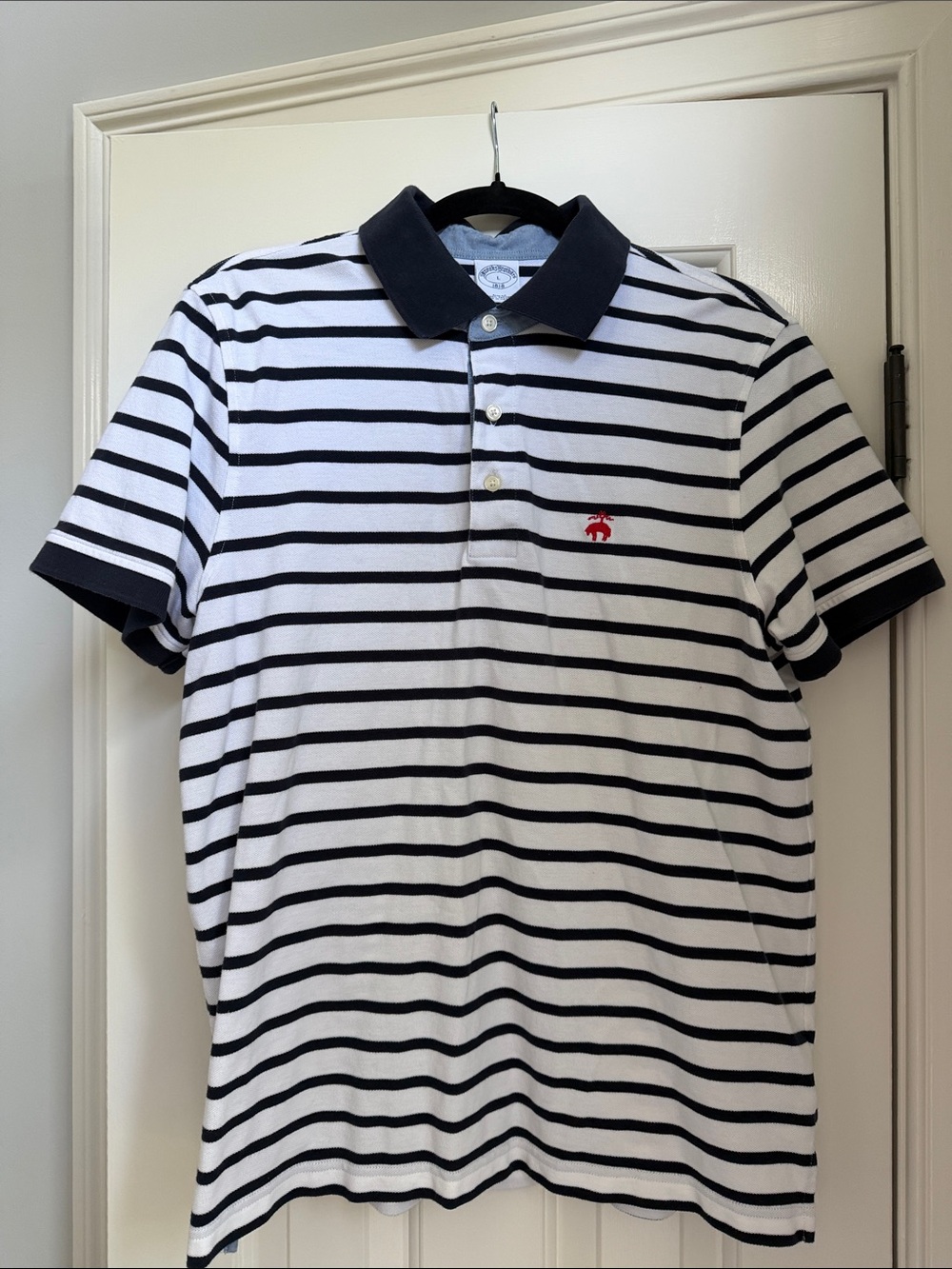 Brooks Brother Men's Navy and White Striped Polo with Red Emblem
